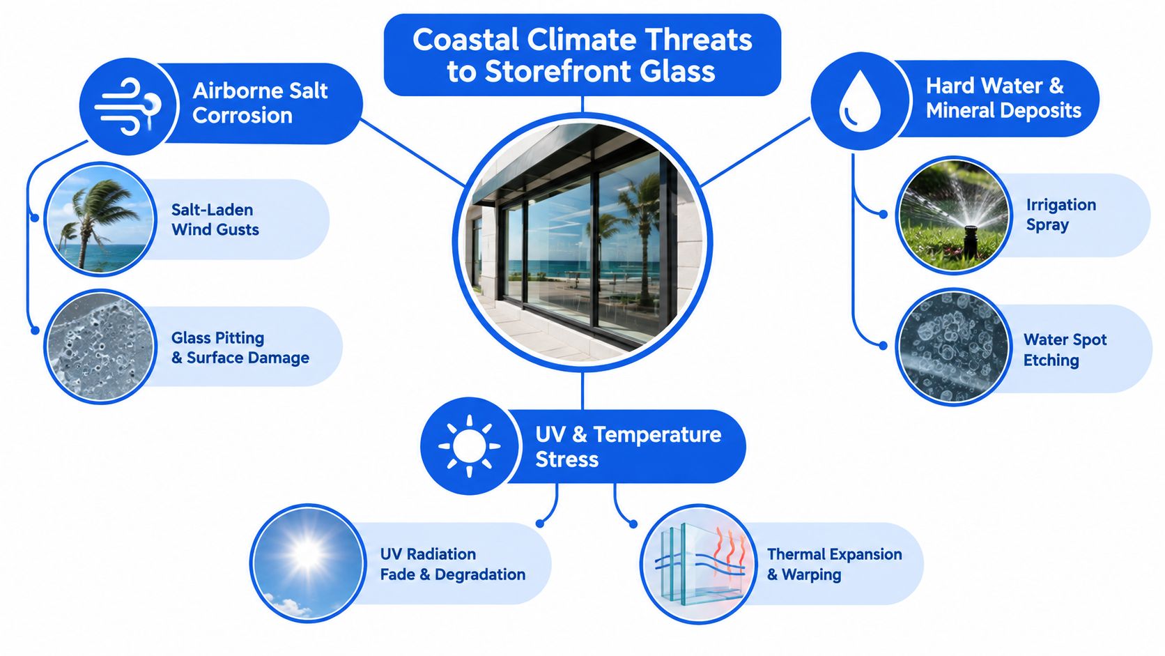 A diagram illustrating three major coastal climate threats to commercial storefront windows: salt corrosion, mineral deposits, and UV stress.