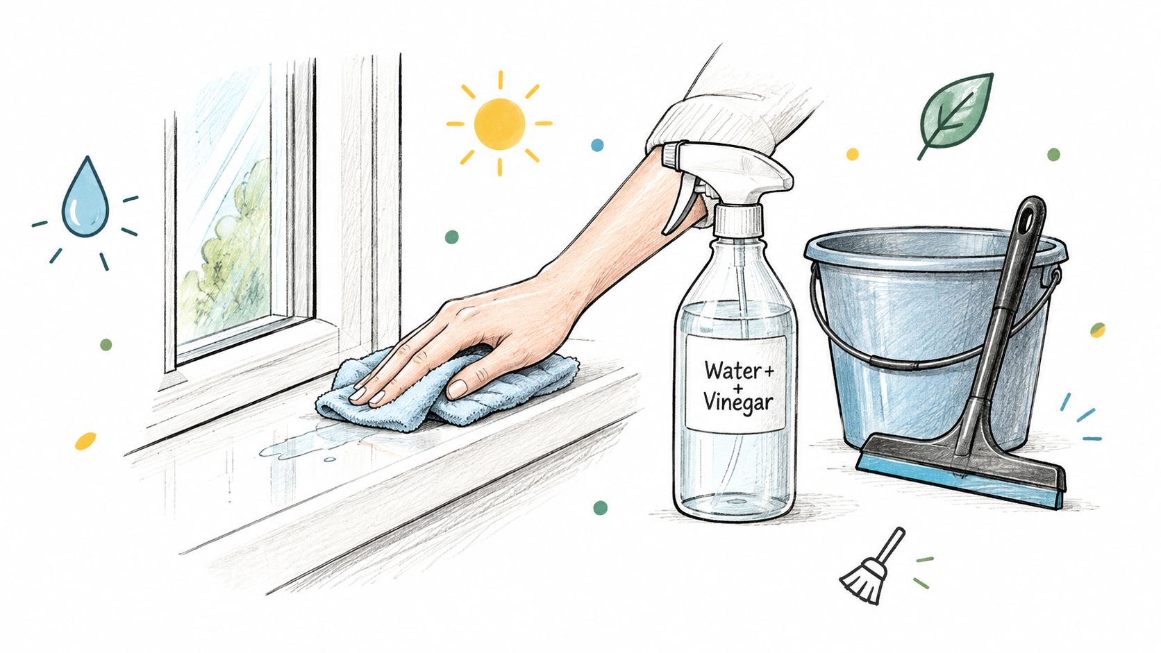 A hand wiping a windowsill with a cloth next to a spray bottle and cleaning bucket.
