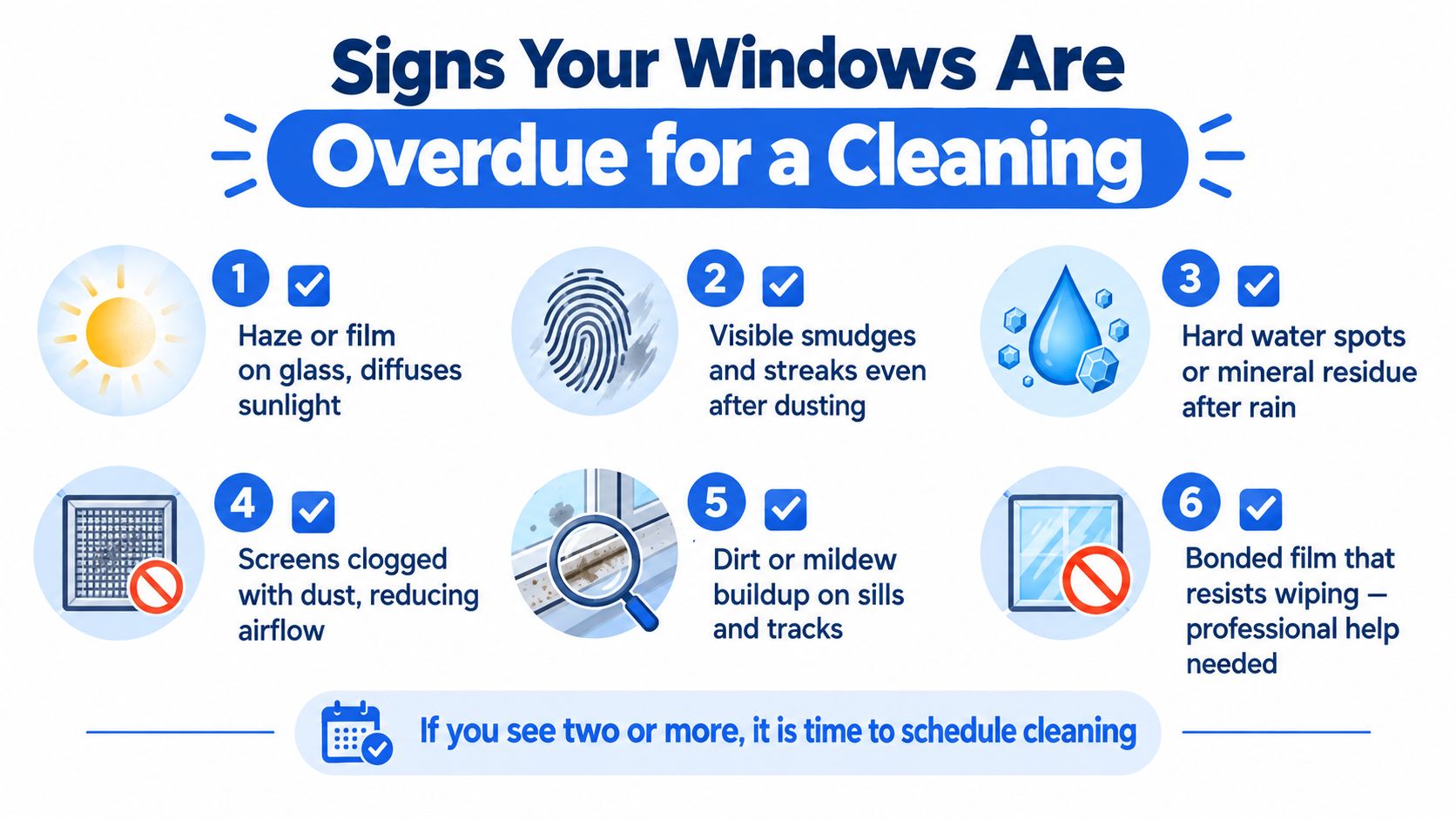 An infographic titled Signs Your Windows Are Overdue for a Cleaning showing six common signs needing attention.