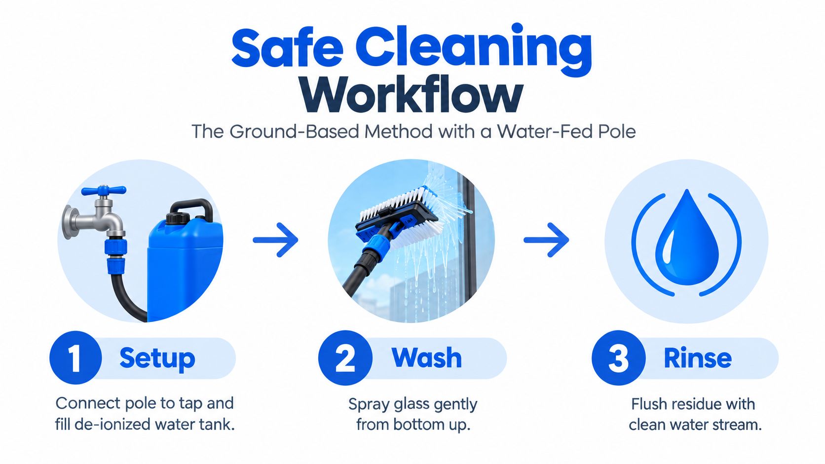 A diagram illustrating the three-step safe cleaning workflow for windows using a water-fed pole method.
