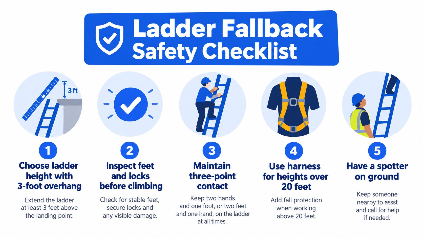A safety infographic showing five key steps for using a ladder to prevent falls during work.