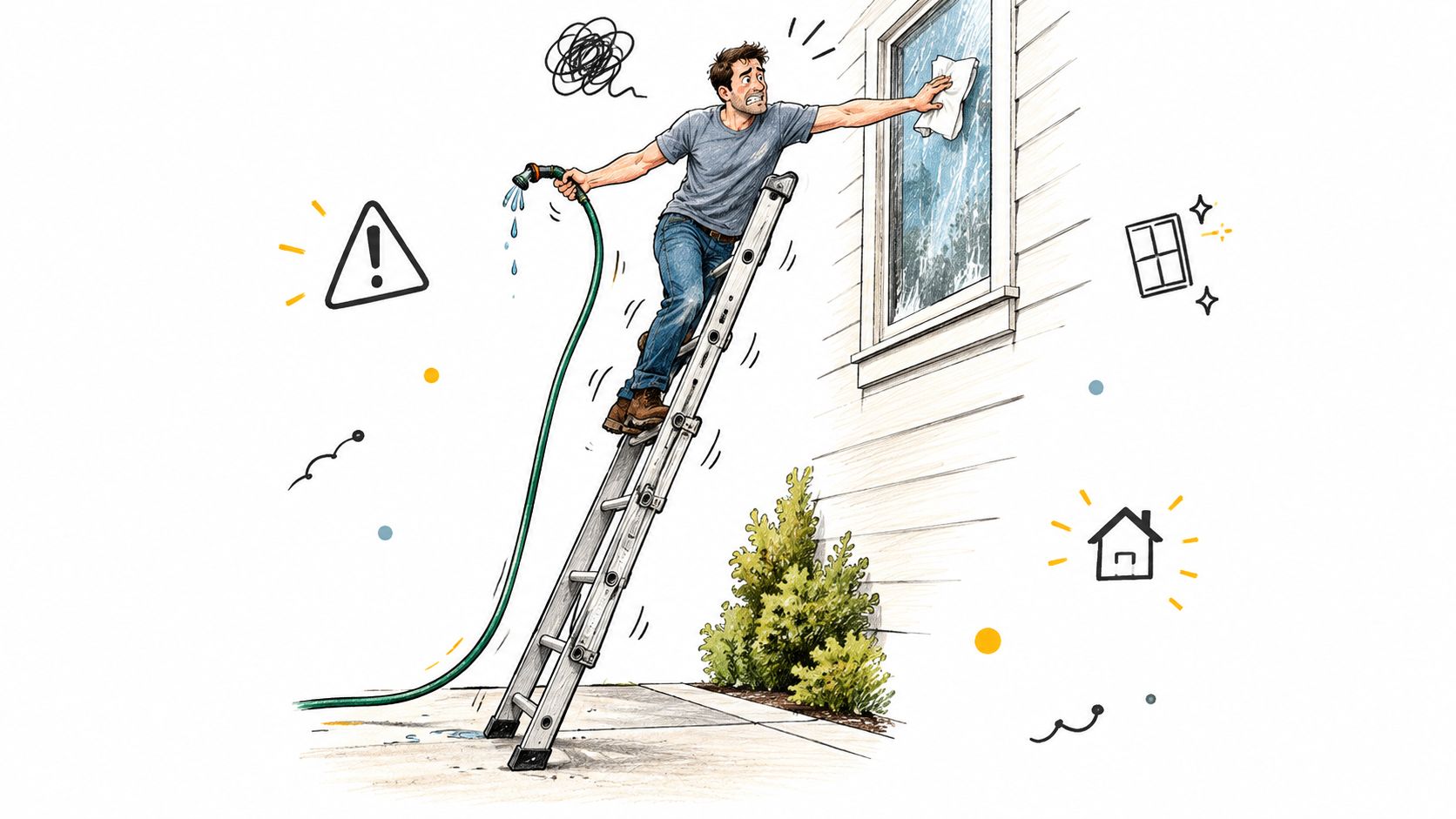 A man in jeans standing on a ladder while precariously washing a second story house window.