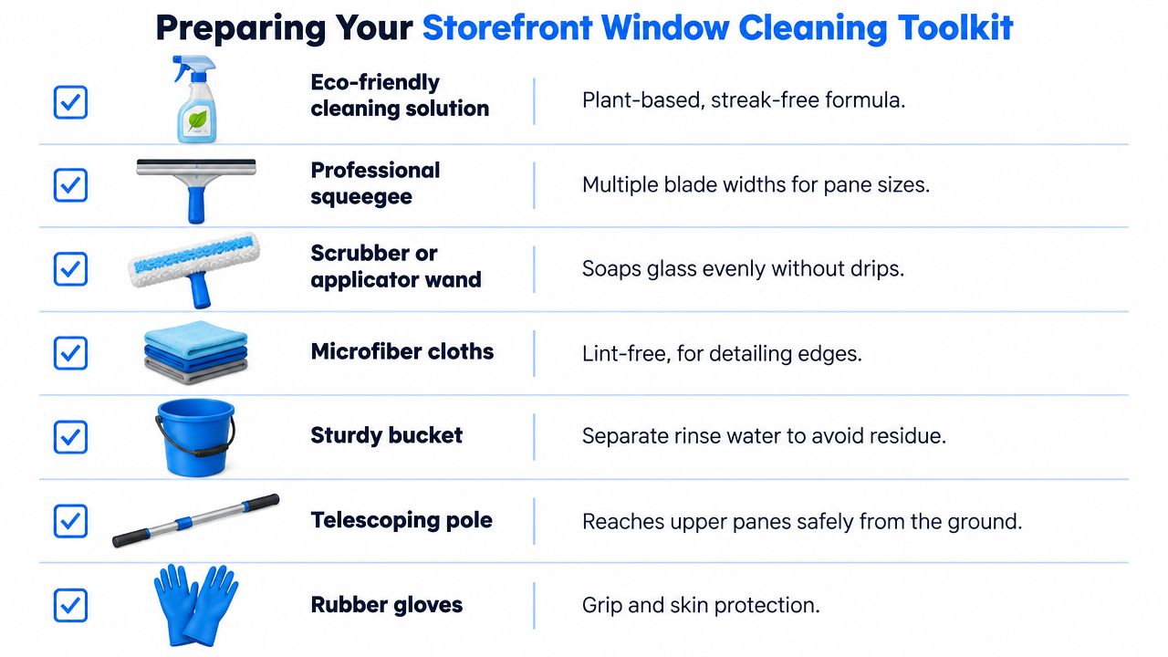 A checklist illustrating essential tools for cleaning storefront windows, including solution, squeegee, scrubber, cloths, bucket, pole, and gloves.