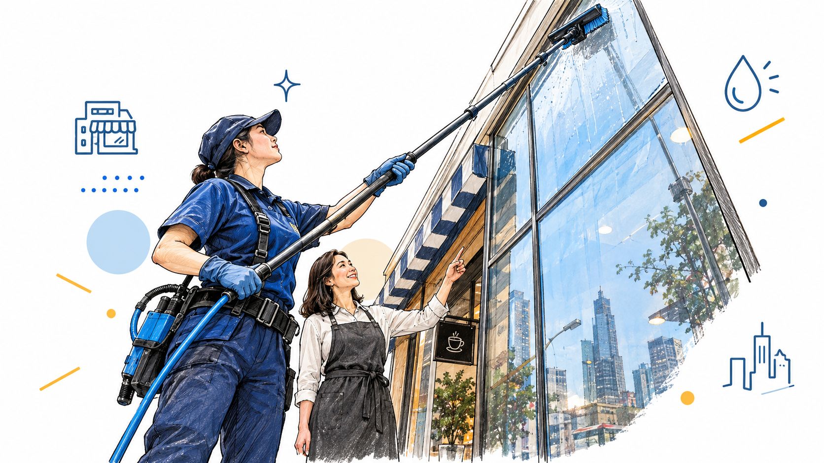 A professional cleaner using an extended water-fed pole to wash the tall glass storefront windows of a cafe.