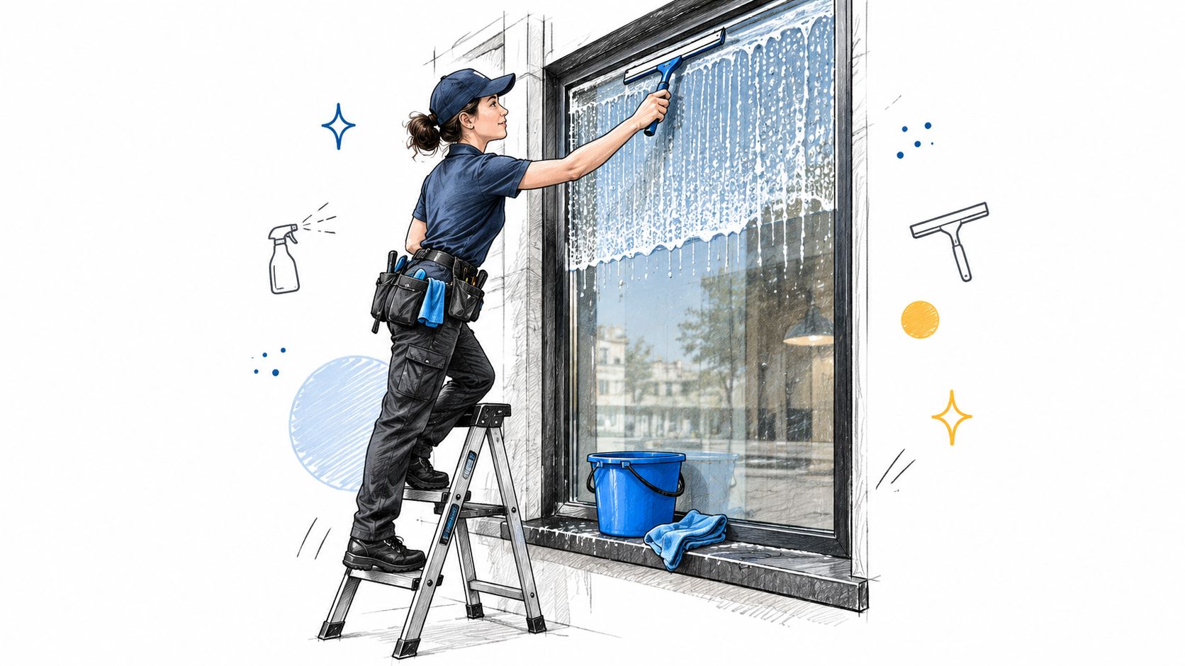 A professional window cleaner wearing a uniform uses a squeegee to clean a large storefront window.