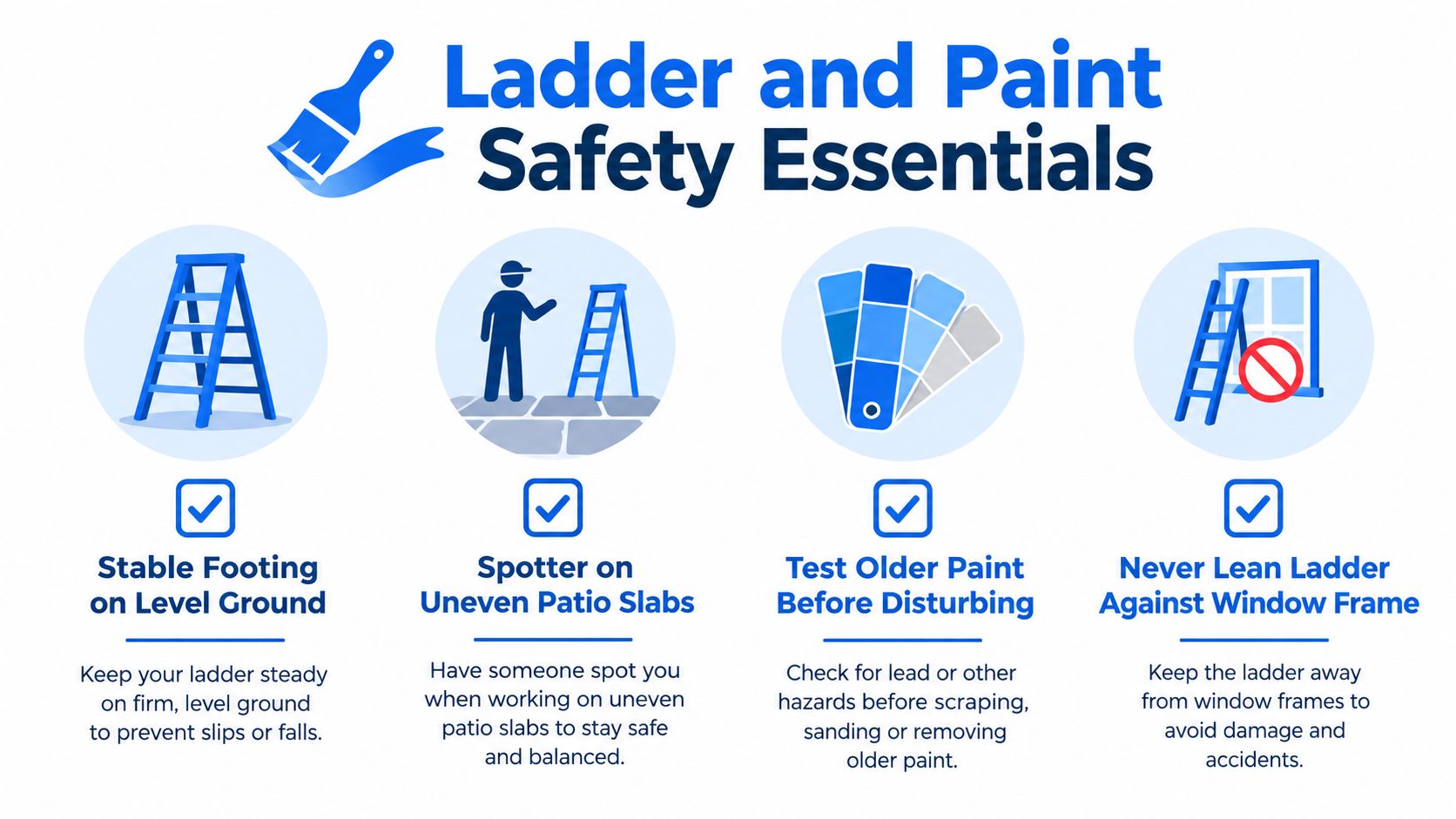 A safety infographic with four ladder and paint tips: stable footing on level ground, a spotter on uneven patio slabs, test older paint before disturbing it, and never lean a ladder against a window frame.