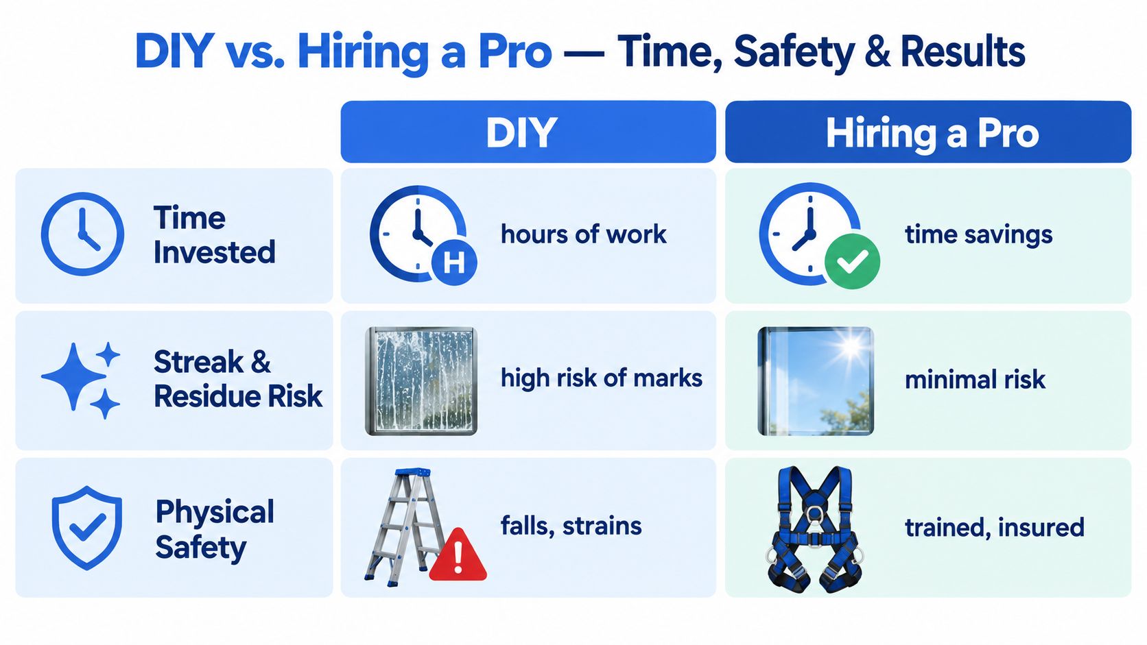 A comparison chart showing the time, safety, and results benefits of hiring professional window cleaners versus DIY.