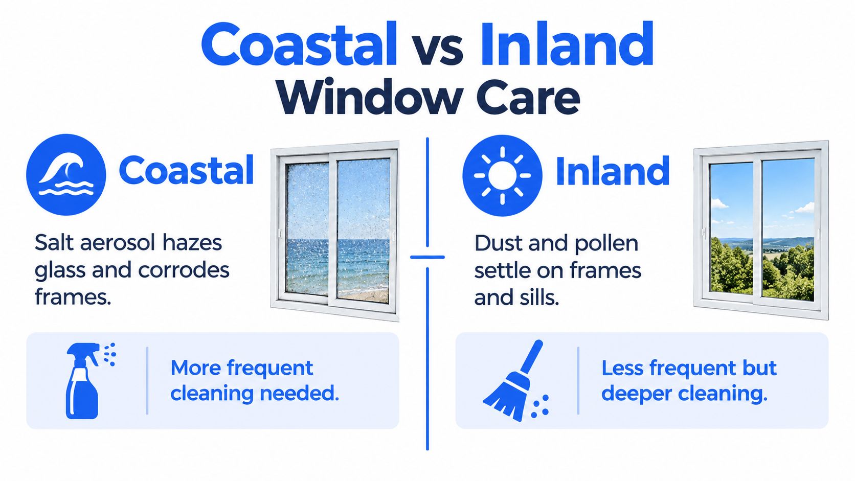 An infographic comparing coastal and inland window maintenance, illustrating debris types and different cleaning frequency requirements.