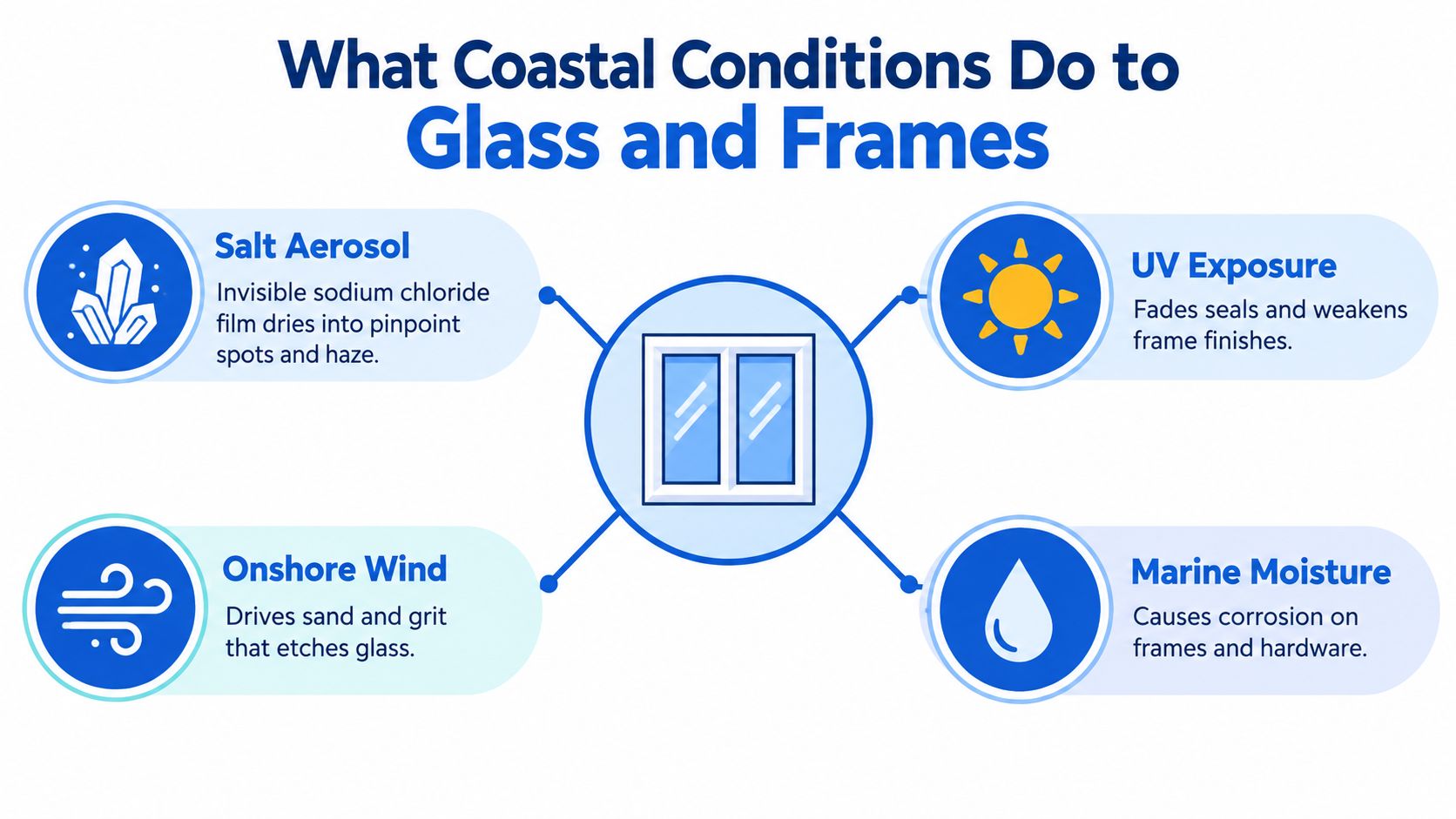 An infographic showing how coastal conditions like salt, wind, UV exposure, and moisture impact windows.
