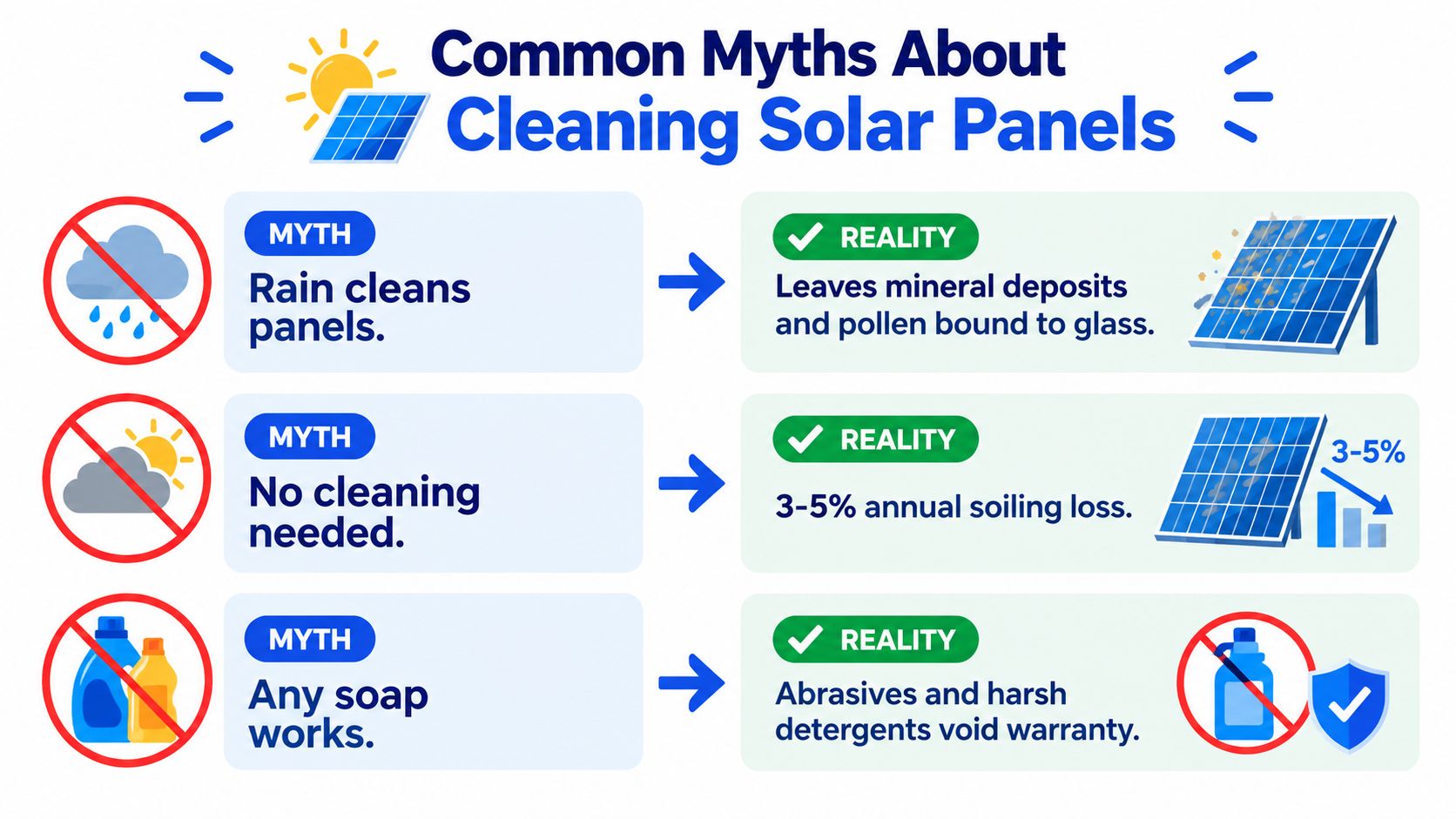 An infographic detailing common myths and realities regarding maintenance and cleaning for residential solar panel systems.