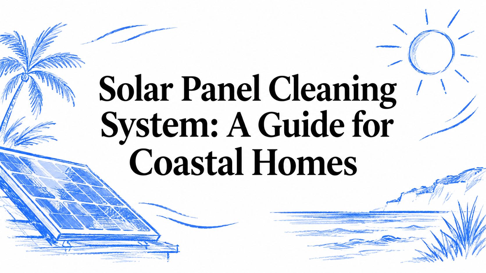 Blue pencil sketch of a tilted solar panel beside a palm tree, a bright sun, and a coastal bluff above the ocean.