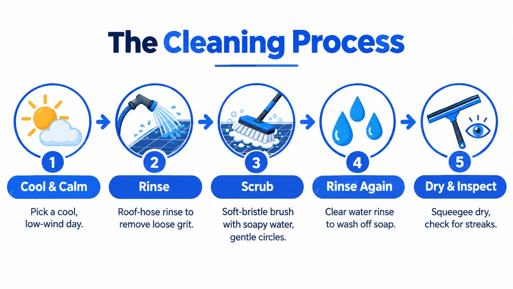 An infographic showing a five-step process for cleaning solar panels on a roof, labeled one through five.