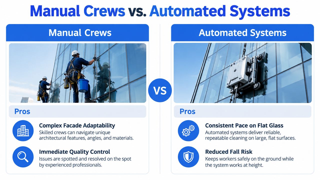 A comparison graphic showing human window cleaners on ropes versus a robotic window cleaning system on glass.