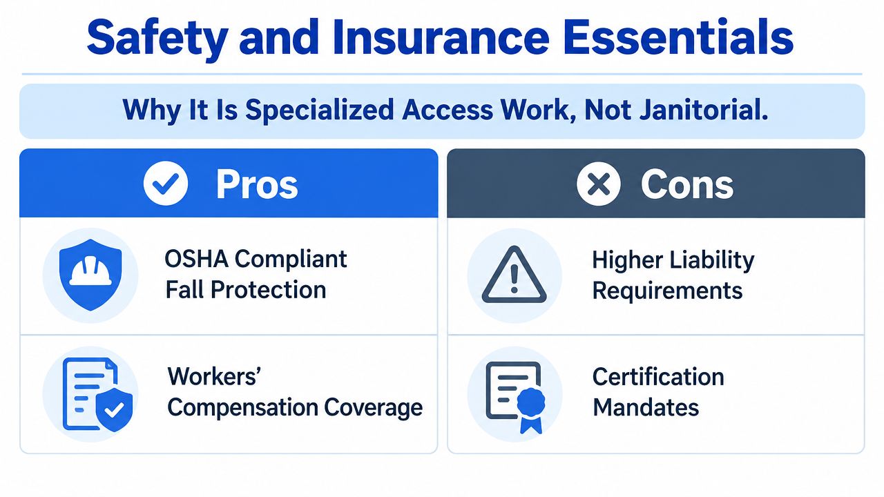 A comparison chart outlining the safety and insurance differences between specialized access work and janitorial services.