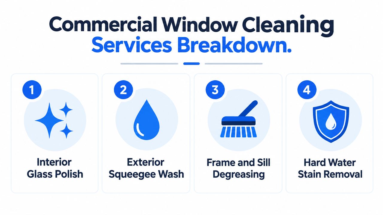 A list showing four essential steps for commercial window cleaning services including glass polishing and stain removal.