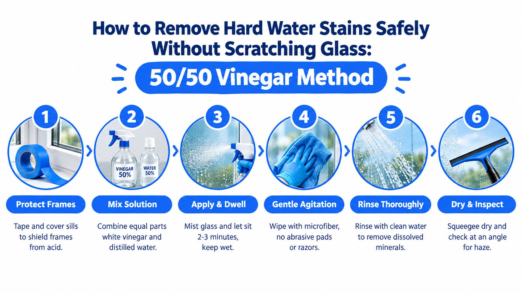 A six-step infographic guide demonstrating how to safely remove hard water stains from glass using vinegar.