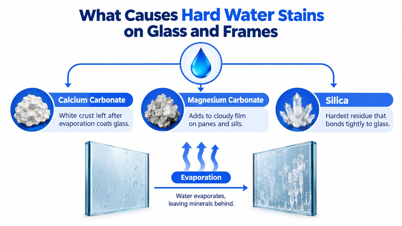 An infographic showing that calcium carbonate, magnesium carbonate, and silica cause hard water stains on glass.