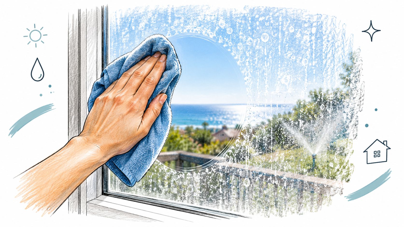 A hand wiping a circular clean patch on a dirty window glass with hard water stains.