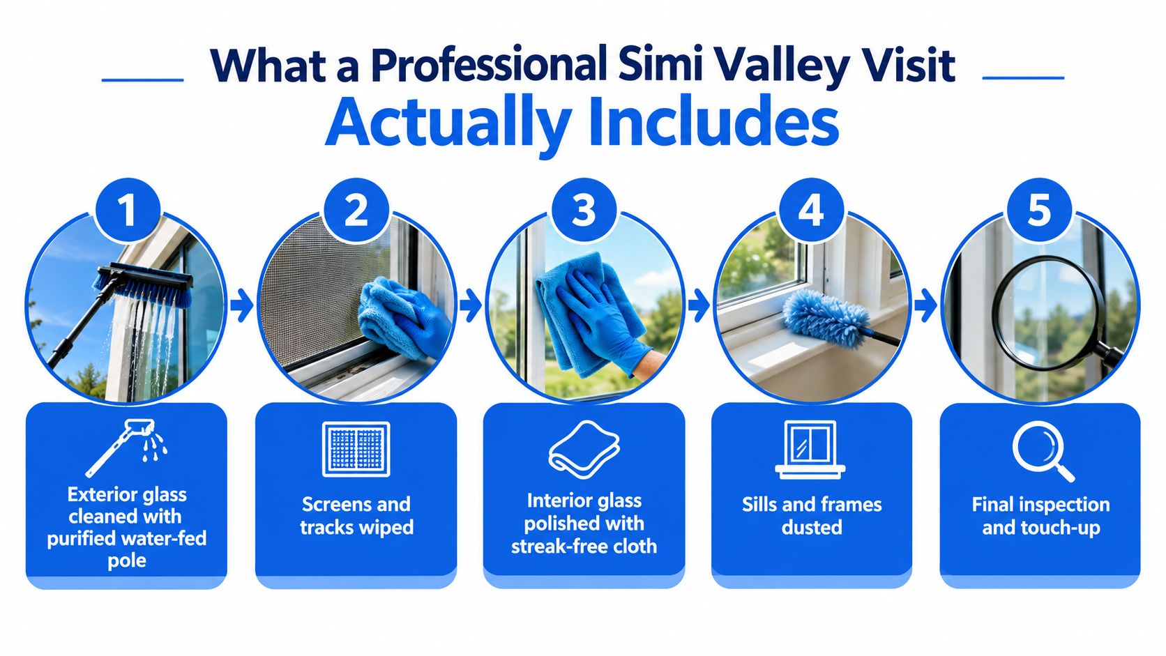 A five-step infographic showing the professional residential window cleaning process performed in Simi Valley.