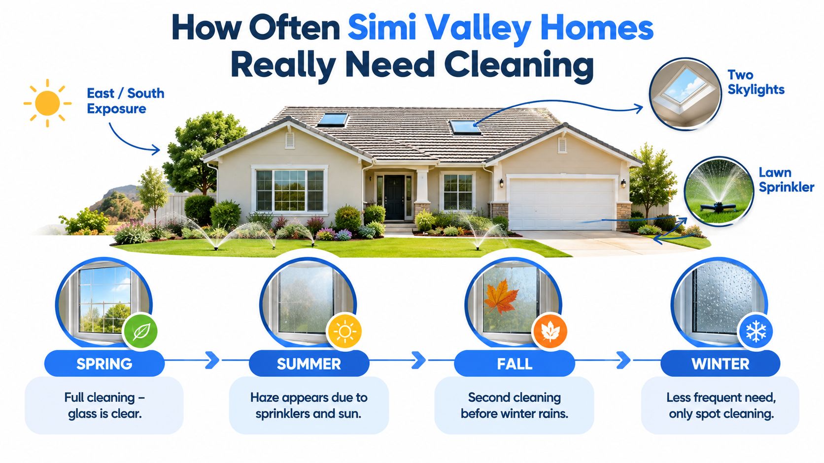 A visual guide illustrating the ideal window cleaning schedule for homes in Simi Valley by season.