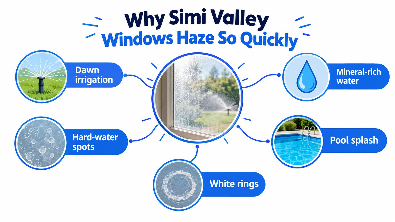 An infographic explaining why residential windows in Simi Valley frequently develop a hazy mineral buildup.