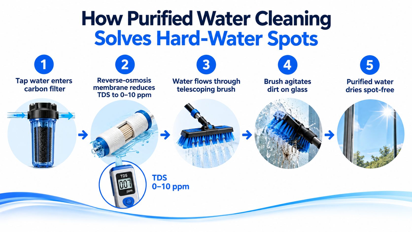A diagram explaining the five-step process of using a purified water system for spot-free window cleaning.